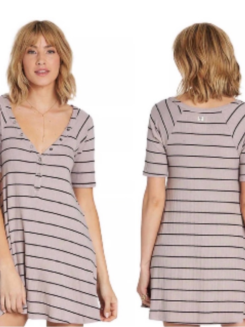 Billabong Tan and Black Striped V-Neck Dress with Buttons